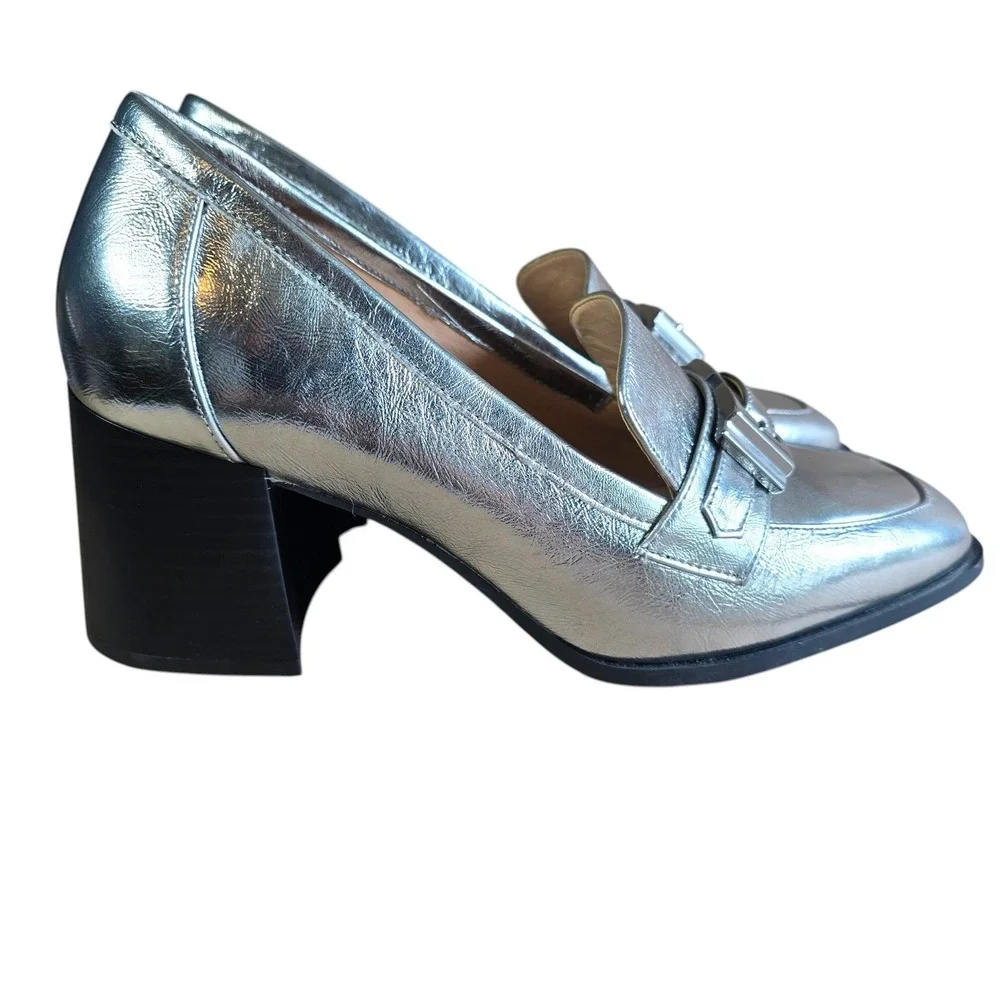 Alex Marie Silver Metallic Leather Block Heel Loafers Square Toe‎ Woman 8.5M NEW